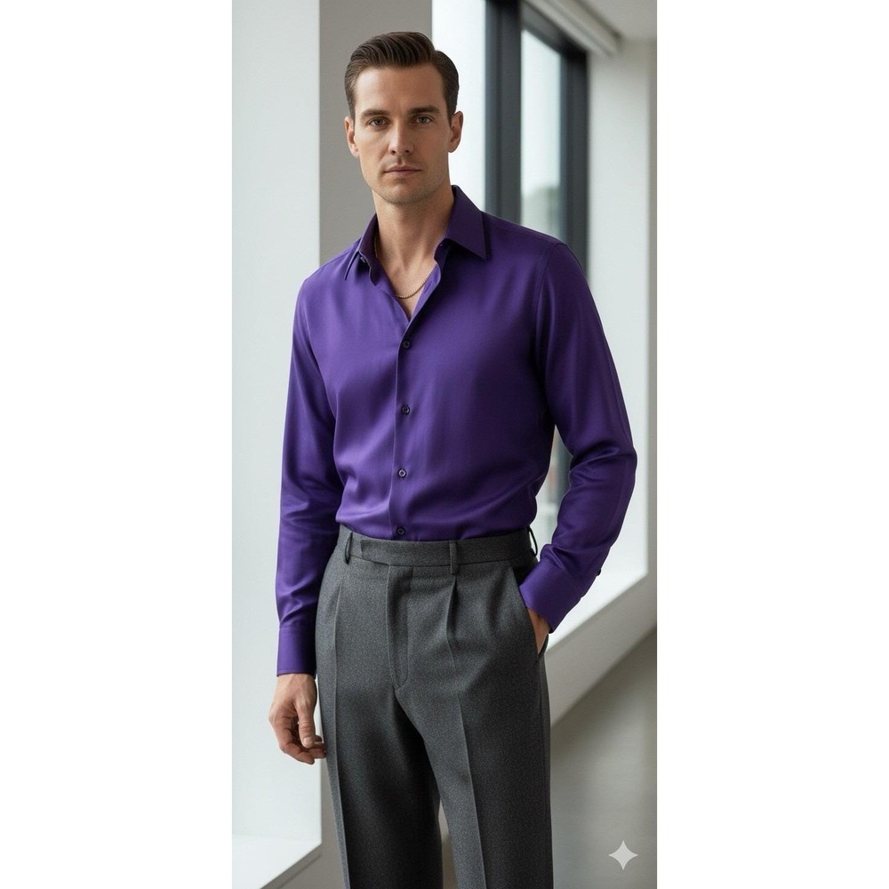 Vintage 100% Silk Shirt Men's Made in Hong Kong Elegante Purple‎ L 16-16.5 35